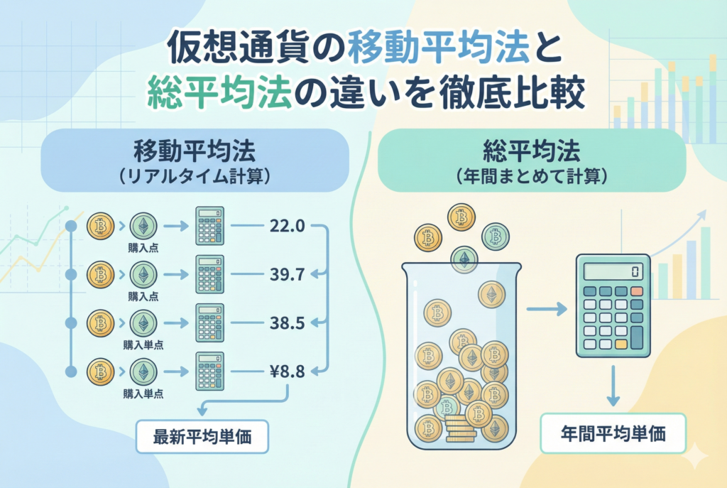 仮想通貨の移動平均法と総平均法の違いを比較したイラスト。左側に取引のたびに計算する移動平均法、右側に1年分をまとめて計算する総平均法の仕組みが、電卓やコインのアイコンで分かりやすく図解されています。
