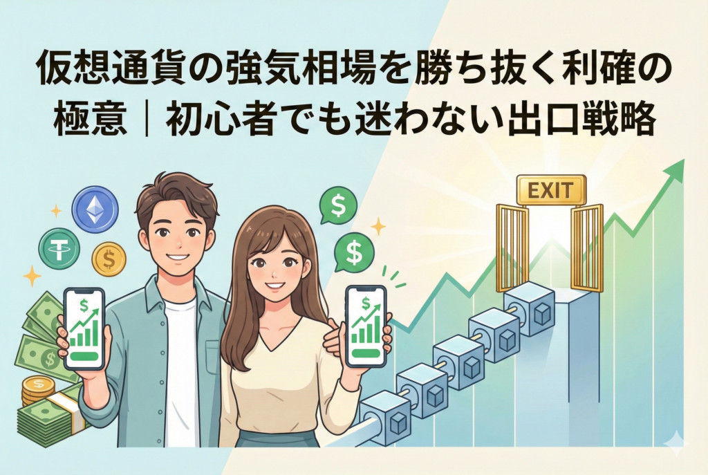 「仮想通貨の強気相場を勝ち抜く利確の極意|初心者でも迷わない出口戦略」というタイトルのアイキャッチ画像。笑顔の若いカップルが上昇チャートが表示されたスマートフォンを掲げ、背景にはブロックチェーンの道、輝く「EXIT」の扉、現金や仮想通貨のコインが描かれている。