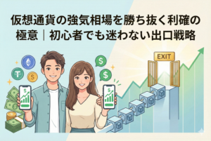 「仮想通貨の強気相場を勝ち抜く利確の極意｜初心者でも迷わない出口戦略」というタイトルのアイキャッチ画像。笑顔の若いカップルが上昇チャートが表示されたスマートフォンを掲げ、背景にはブロックチェーンの道、輝く「EXIT」の扉、現金や仮想通貨のコインが描かれている。