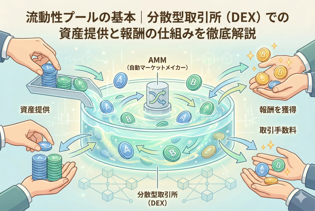 「流動性プールの基本｜分散型取引所（DEX）での資産提供と報酬の仕組みを徹底解説」というタイトルが入ったアイキャッチ画像。清潔感のある薄い水色を基調としたデザインで、2種類の仮想通貨が大きなプールに貯まっていく様子と、そこから報酬の輝きが発生するイメージを精緻なイラストで表現しています。