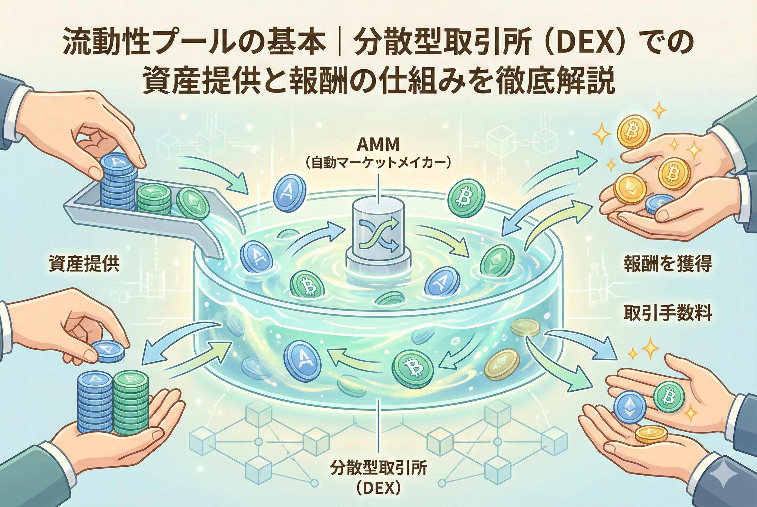 「流動性プールの基本｜分散型取引所（DEX）での資産提供と報酬の仕組みを徹底解説」というタイトルが入ったアイキャッチ画像。清潔感のある薄い水色を基調としたデザインで、2種類の仮想通貨が大きなプールに貯まっていく様子と、そこから報酬の輝きが発生するイメージを精緻なイラストで表現しています。