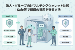 法人やグループで仮想通貨を管理するためのマルチシグウォレット比較記事のアイキャッチ画像。中央のデジタル金庫を複数の人物がそれぞれの鍵で協力して開けている様子が描かれ、「マルチシグ」の仕組みを視覚的に表現。左右には「Safeタイプ」と「他チェーン/MPCタイプ」の特徴が比較リストとして整理されているイラストです。