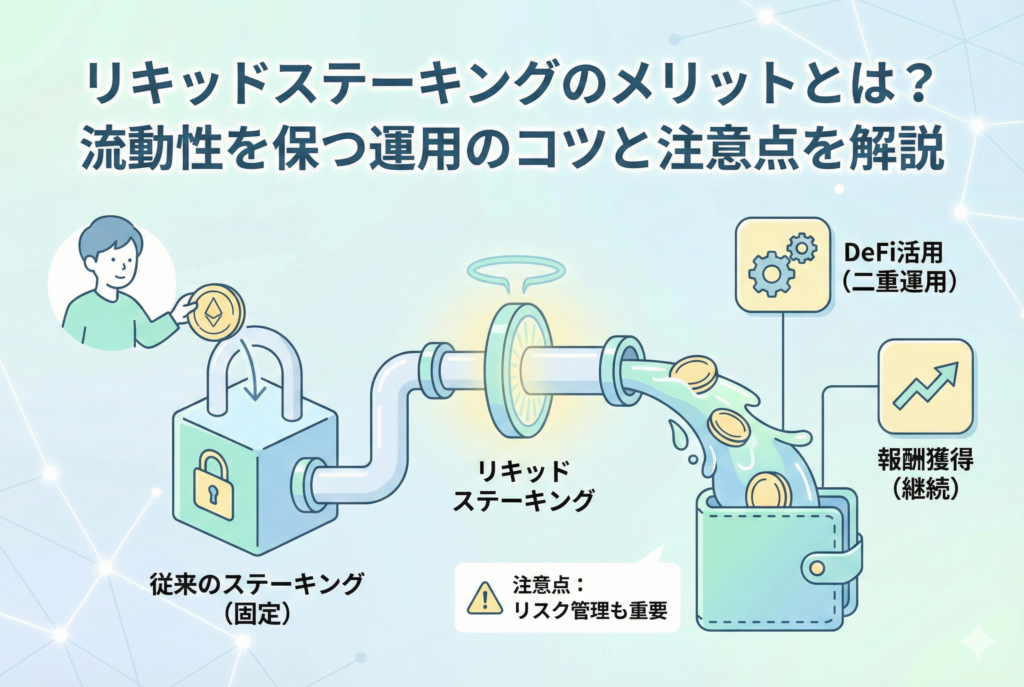 リキッドステーキングの仕組みを分かりやすく図解したアイキャッチ画像。ステーキングによって資産がロックされる従来の手法とは異なり、資産を預けながらも「自由に動かせる代替トークン」を受け取って二重に運用できる様子を、精緻で明るいイラストで表現。清潔感のある淡いブルーと白を基調とした、初心者にも親しみやすいデザイン。