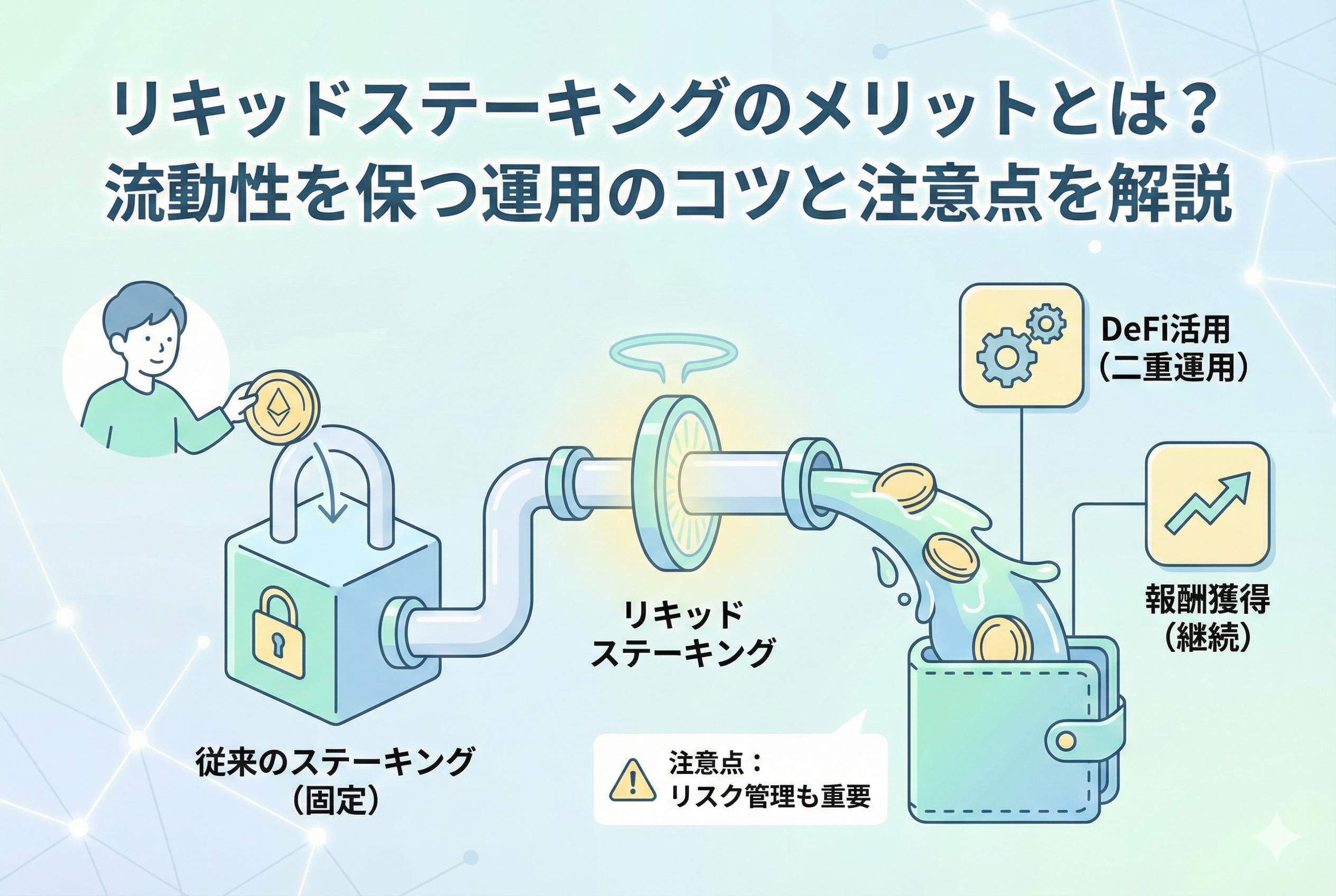リキッドステーキングの仕組みを分かりやすく図解したアイキャッチ画像。ステーキングによって資産がロックされる従来の手法とは異なり、資産を預けながらも「自由に動かせる代替トークン」を受け取って二重に運用できる様子を、精緻で明るいイラストで表現。清潔感のある淡いブルーと白を基調とした、初心者にも親しみやすいデザイン。