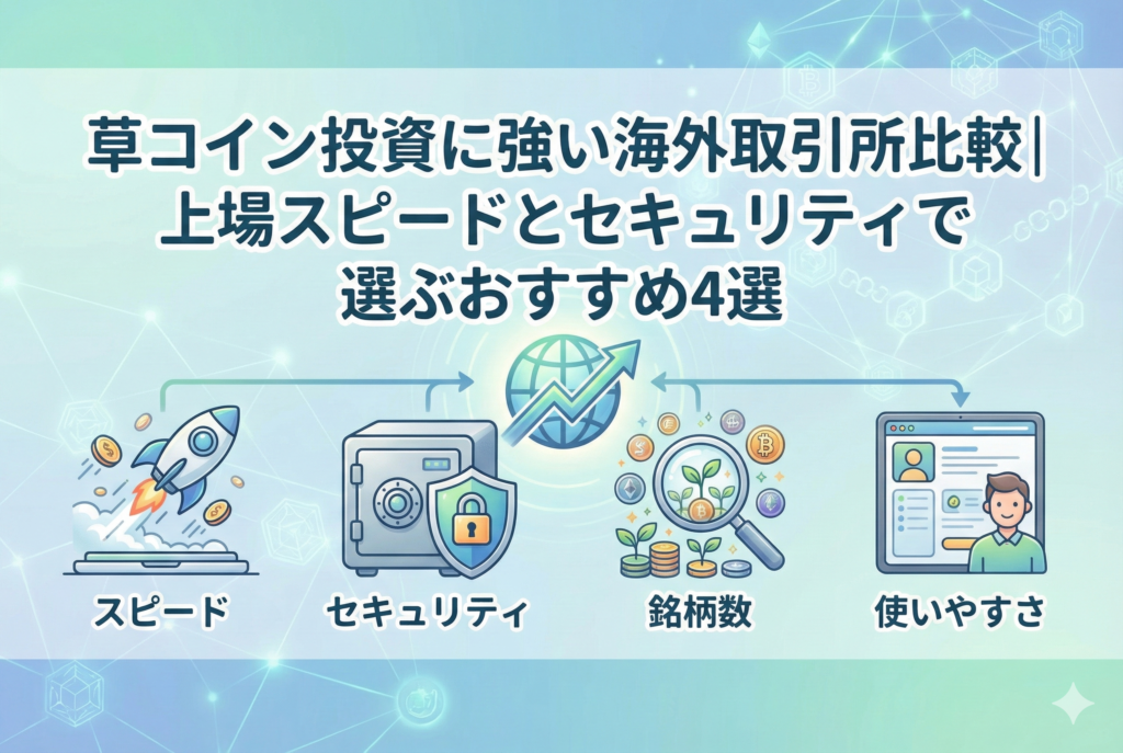 記事『草コイン投資に強い海外取引所比較｜上場スピードとセキュリティで選ぶおすすめ4選』のアイキャッチ画像です。上場スピード（ロケット）、セキュリティ（金庫と盾）、銘柄数（虫眼鏡と植物）、使いやすさ（人物と操作画面）という4つの比較ポイントが親しみやすいイラストで表現されています。