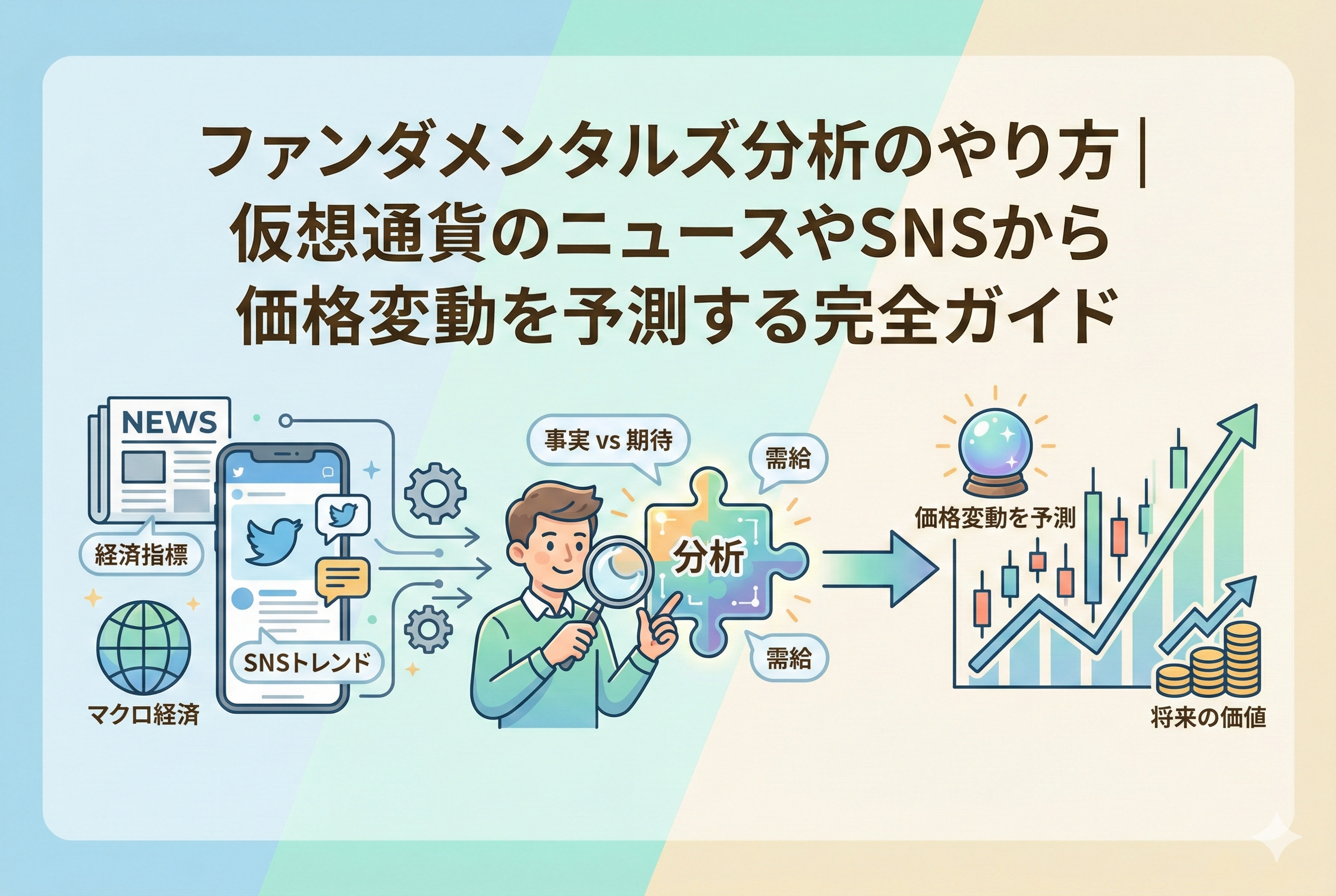 仮想通貨のファンダメンタルズ分析を解説するアイキャッチ画像。ニュースメディア、SNSの吹き出し、経済指標のグラフ、地球儀などのアイコンがバランスよく配置され、清潔感のある淡い色の背景に「ファンダメンタルズ分析のやり方」という日本語タイトルが記載された精緻なデザイン。