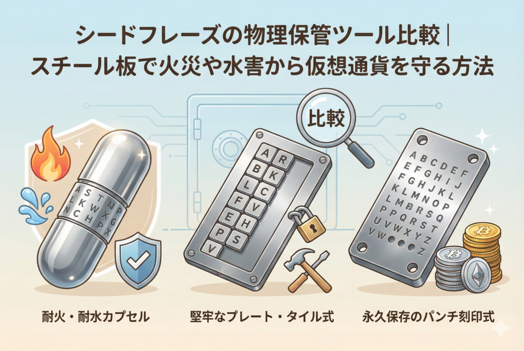 記事「シードフレーズの物理保管ツール比較」のアイキャッチ画像。頑丈なステンレス製のプレートやカプセル型の保管ツールを中心に、火災（炎）や水害（水滴）から資産を守るイメージが清潔感のある淡いトーンで描かれています。