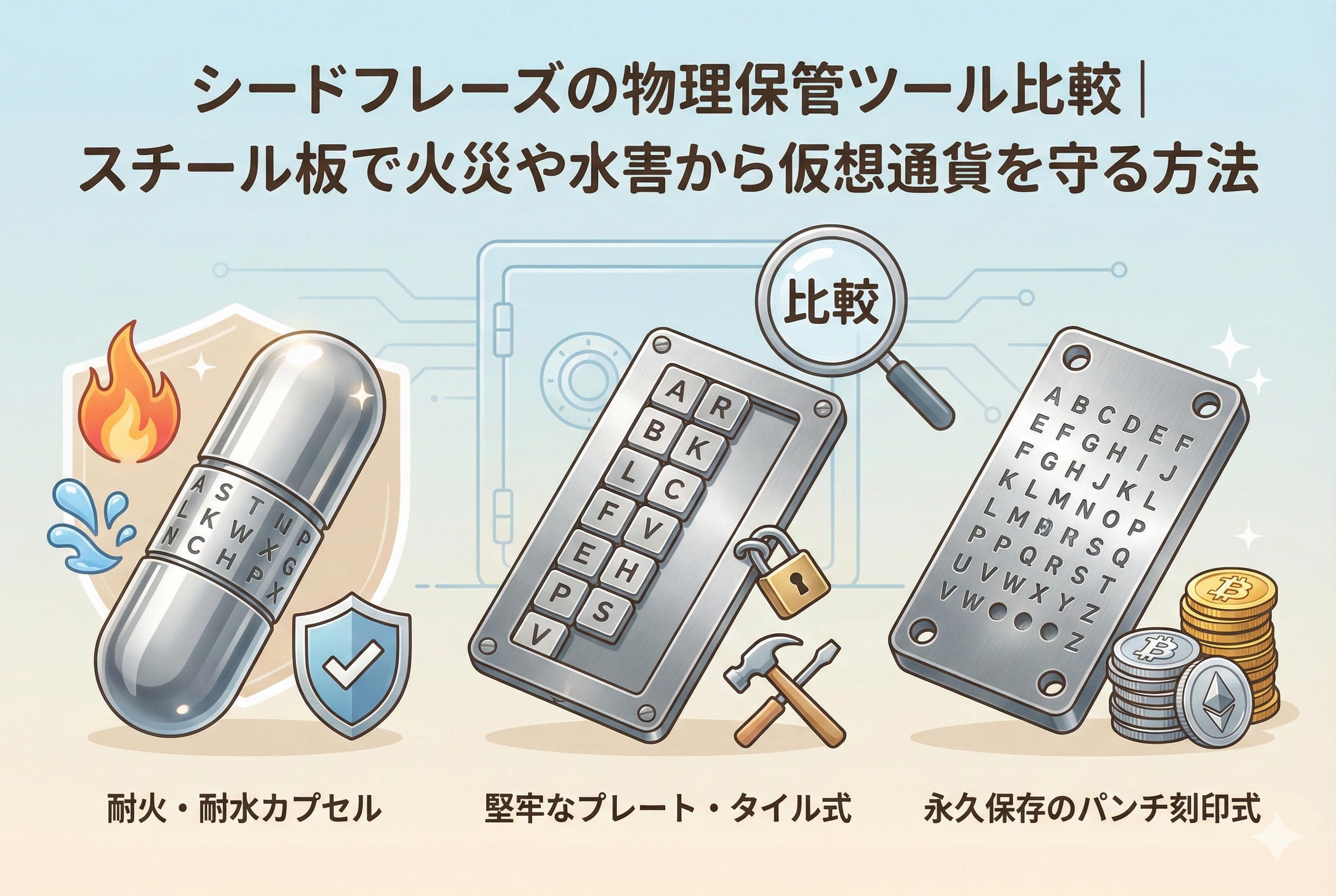 記事「シードフレーズの物理保管ツール比較」のアイキャッチ画像。頑丈なステンレス製のプレートやカプセル型の保管ツールを中心に、火災（炎）や水害（水滴）から資産を守るイメージが清潔感のある淡いトーンで描かれています。