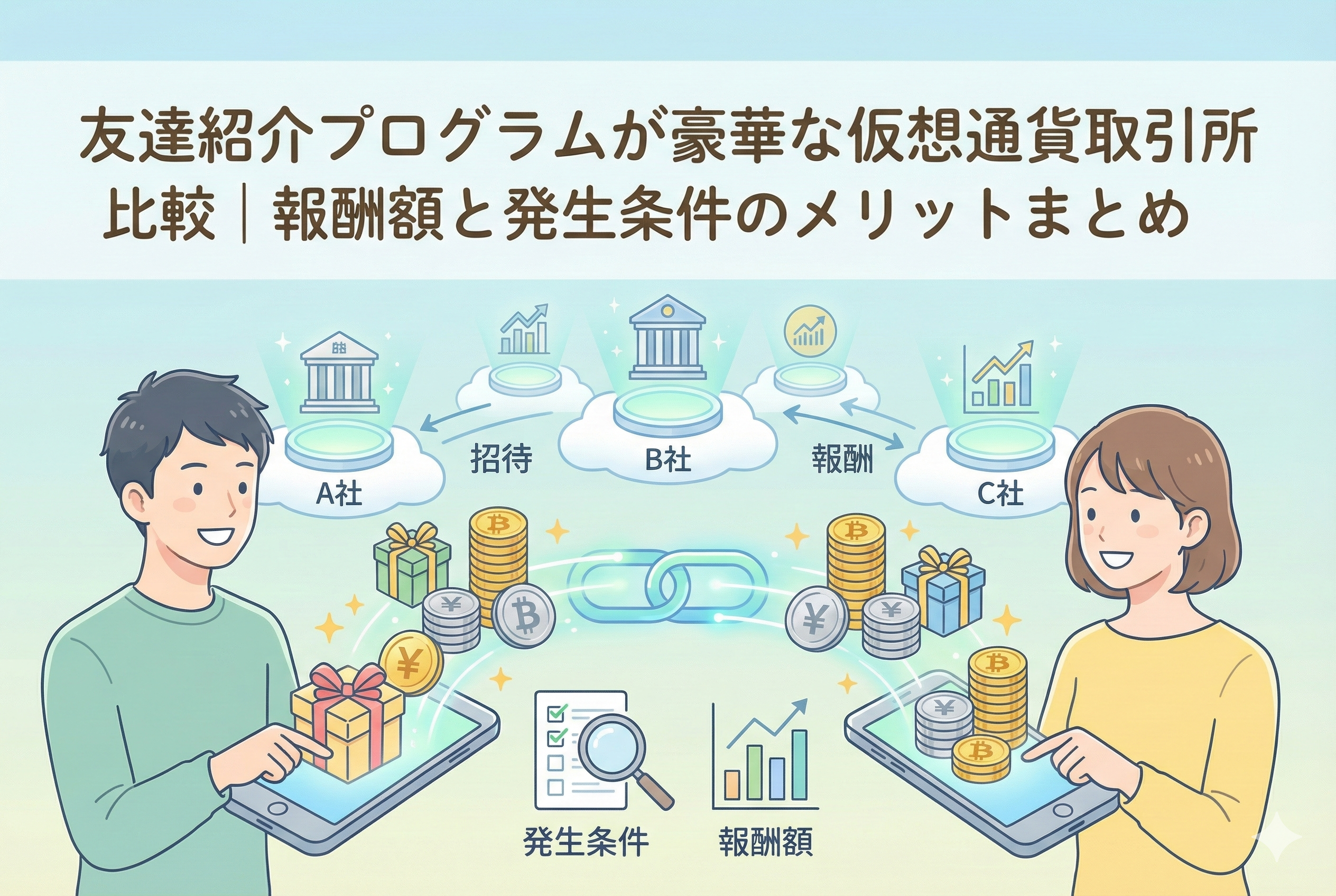 記事「友達紹介プログラムが豪華な仮想通貨取引所比較」のアイキャッチ画像。プレゼントボックス、ビットコイン、笑顔で握手する人々のイラストが配置され、紹介報酬やキャンペーンのお得なイメージを清潔感のあるパステルカラーで表現しています。