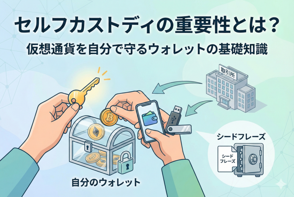 「セルフカストディの重要性とは？仮想通貨を自分で守るウォレットの基礎知識」というタイトルが記載されたアイキャッチ画像。個人の手の中にデジタルな鍵と盾が描かれ、中央集権的な機関に頼らず自らの手で資産を安全に管理するイメージを表現した、清潔感のある明るいデザイン。