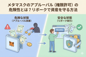 メタマスクのアプルーバル（権限許可）のリスクとリボーク（権限解除）をイメージしたイラスト。ウォレットから外部サービスへ伸びる「許可のライン」をリボークによって安全に切り離す様子や、資産を守る盾と鍵のモチーフが、清潔感のある精緻なデザインで描かれています。