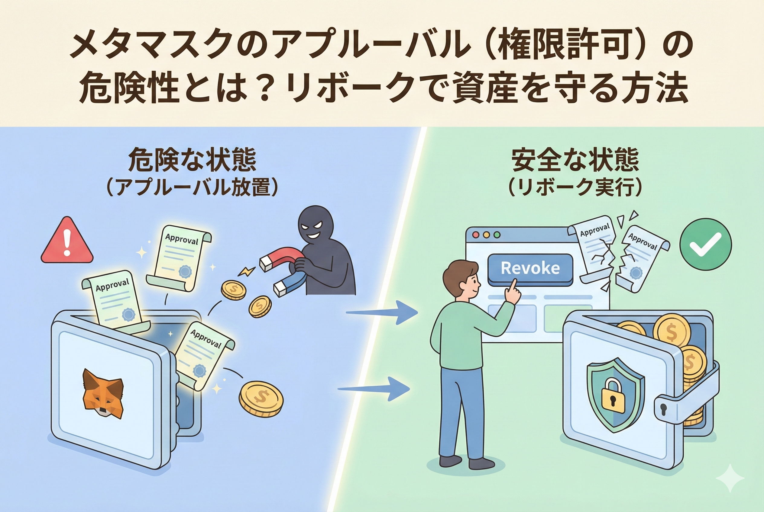 メタマスクのアプルーバル(権限許可)のリスクとリボーク(権限解除)をイメージしたイラスト。ウォレットから外部サービスへ伸びる「許可のライン」をリボークによって安全に切り離す様子や、資産を守る盾と鍵のモチーフが、清潔感のある精緻なデザインで描かれています。