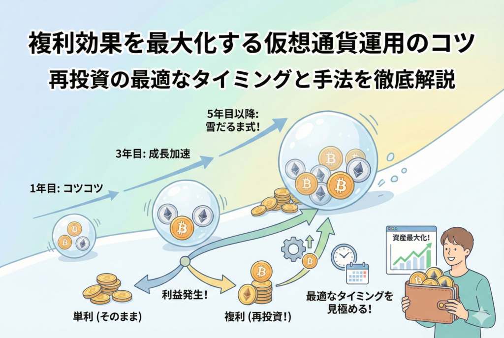 仮想通貨運用の複利効果を最大化するコツと再投資のタイミングを解説する図解イラスト。利益を再投資することで資産が雪だるま式に増えていく様子を、単利運用と比較して視覚化している。時計やカレンダーのアイコンで最適なタイミングを見極める重要性も示されている。