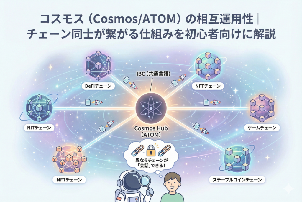コスモス（Cosmos/ATOM）の相互運用性を視覚化したアイキャッチ画像。中央にある「コスモスハブ」を中心に、異なるルールを持つ複数のブロックチェーン（Zone）がネットワークで繋がり、資産やデータが自由に行き来する「ブロックチェーンのインターネット」というコンセプトを、清潔感のある精緻なイラストで図解している。