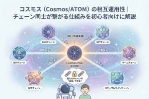 コスモス（Cosmos/ATOM）の相互運用性を視覚化したアイキャッチ画像。中央にある「コスモスハブ」を中心に、異なるルールを持つ複数のブロックチェーン（Zone）がネットワークで繋がり、資産やデータが自由に行き来する「ブロックチェーンのインターネット」というコンセプトを、清潔感のある精緻なイラストで図解している。