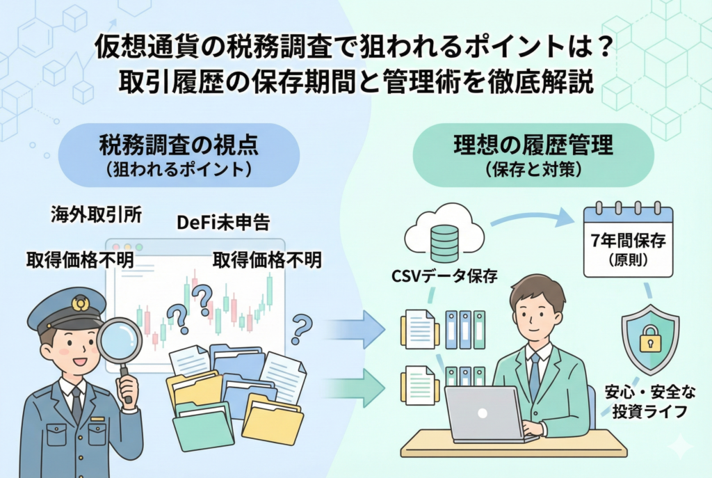 仮想通貨の税務調査対策をイメージしたイラスト。虫眼鏡でチェックされる取引履歴の書類やデジタルデータ、ビットコインのアイコン、そして「保存期間7年」を象徴する時計やカレンダーのモチーフが、清潔感のある精緻なデザインで描かれています。