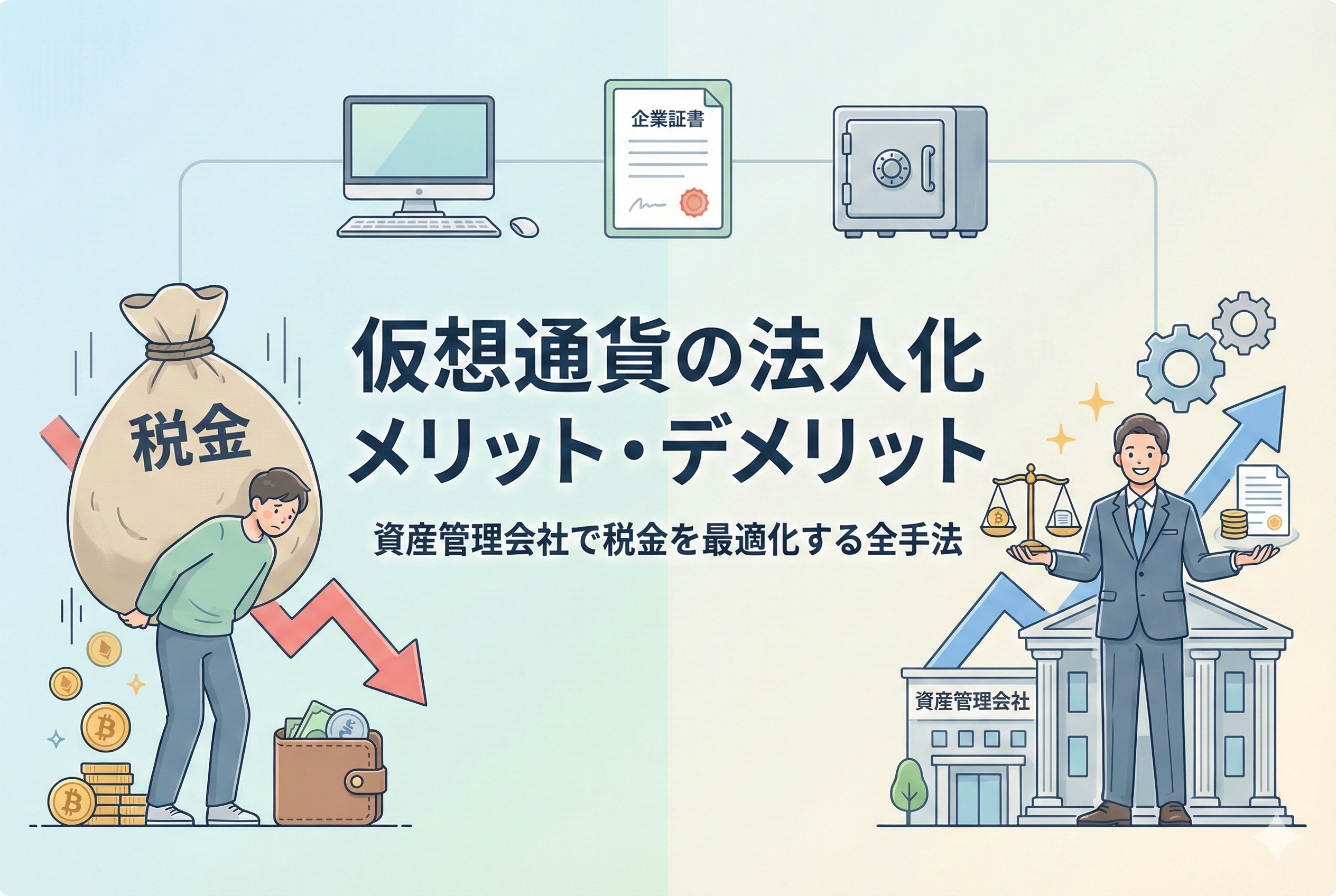 「仮想通貨の法人化メリット・デメリット」という記事タイトルが中央に配置されたアイキャッチ画像。左側には個人運用の重い税負担に苦しむ人物と「税金」と書かれた袋、右側には「資産管理会社」と書かれた建物と、天秤で資産バランスをとるスーツ姿の人物が描かれ、法人化による税務の最適化を対比的に表現している。