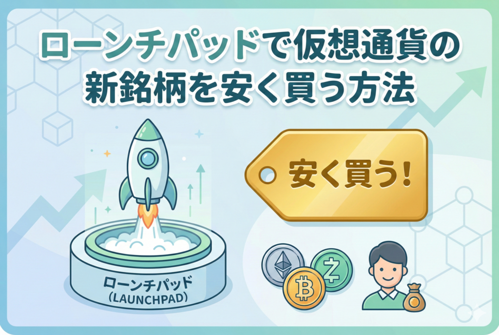 仮想通貨のローンチパッド（Launchpad）をイメージしたイラスト。発射台に載ったロケットと「安く買う！」というタグ、笑顔の男性投資家が描かれており、上場前の新銘柄を安く手に入れる手法を表現しています。