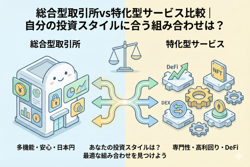 記事「総合型取引所vs特化型サービス比較」のアイキャッチ画像。中心にある多機能なハブ（総合型）と、その周りに配置された特定の機能（DEX、ウォレット、運用など）を持つパーツが、パズルのように組み合わさる様子を、清潔感のある淡いパステルカラーで描いています。