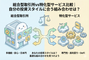 記事「総合型取引所vs特化型サービス比較」のアイキャッチ画像。中心にある多機能なハブ（総合型）と、その周りに配置された特定の機能（DEX、ウォレット、運用など）を持つパーツが、パズルのように組み合わさる様子を、清潔感のある淡いパステルカラーで描いています。