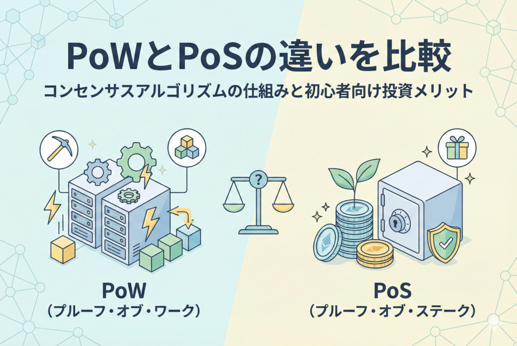 「PoWとPoSの違いを比較」というタイトルが入った、清潔感のあるアイキャッチ画像。左側に計算機ノード（PoW）、右側にコインの積み重ねと若葉（PoS）のイラストを配置し、2つのアルゴリズムの違いを視覚的に表現したパステルカラーのデザイン。