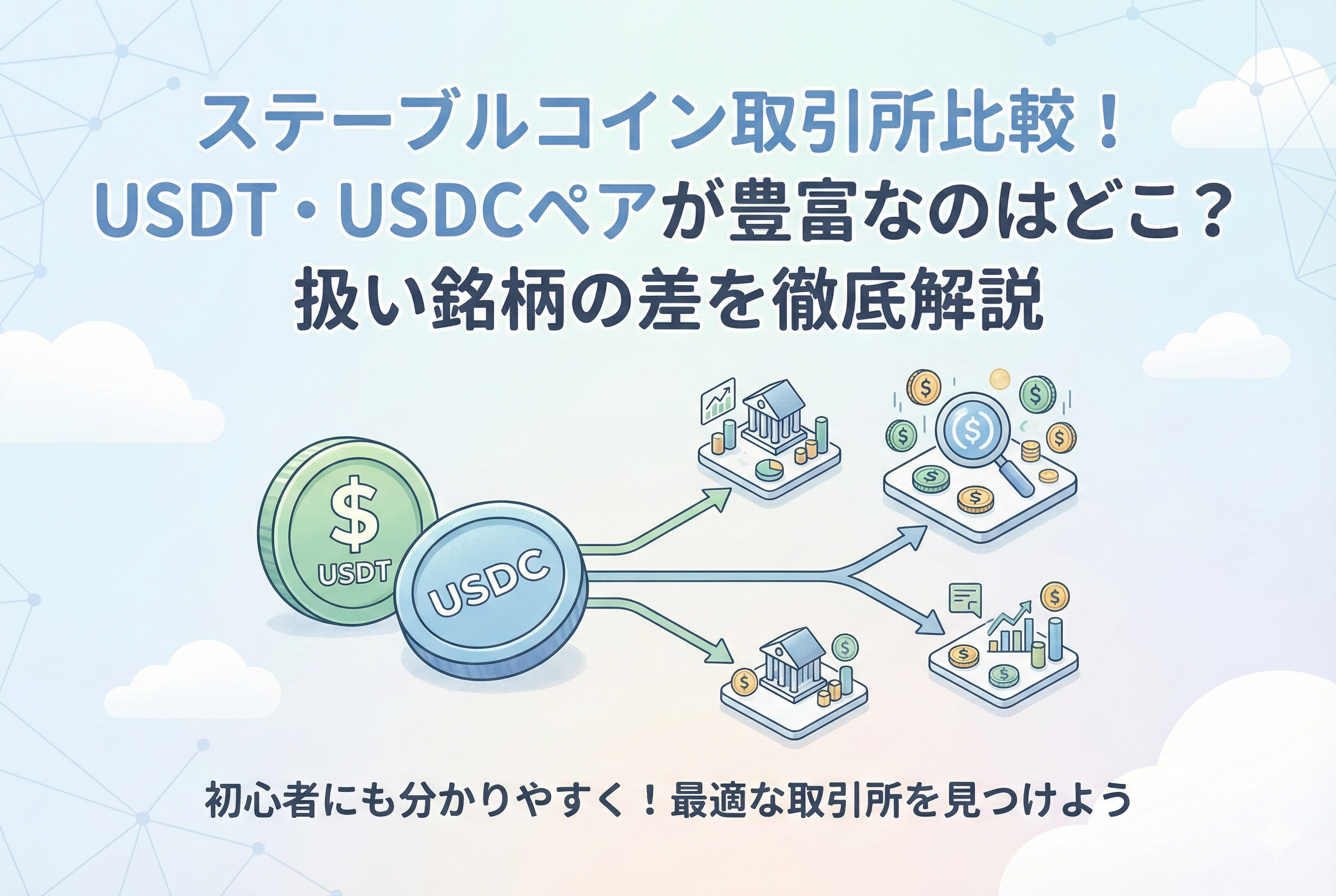 「ステーブルコイン取引所比較！USDT・USDCペアが豊富なのはどこ？扱い銘柄の差を徹底解説」というタイトルのアイキャッチ画像。USDTとUSDCのコインから、異なる特徴を持つ複数の仮想通貨取引所のアイコンへ矢印が伸びており、取引ペアの豊富さや銘柄の違いを比較・リサーチしている様子を親しみやすいイラストで表現している。