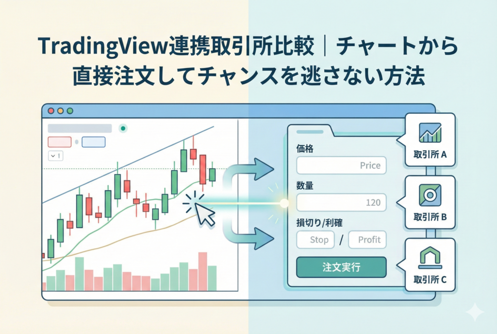 TradingViewのチャート画面から、連携した仮想通貨取引所の注文パネルを直接呼び出して操作する様子を図解したイラスト。『TradingView連携取引所比較』というタイトルと共に、複数の取引所を選択肢として比較し、チャート分析から注文までのスムーズな流れを視覚的に表現しています。