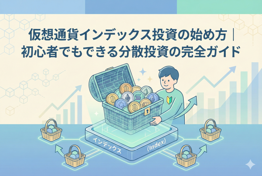 仮想通貨インデックス投資の分散効果を視覚化したアイキャッチ画像。パステルカラーの背景に、複数の暗号資産アイコンがバランスよく配置され、初心者向けのガイドであることを示す日本語タイトル「仮想通貨インデックス投資の始め方」が入った清潔感のあるデザイン。