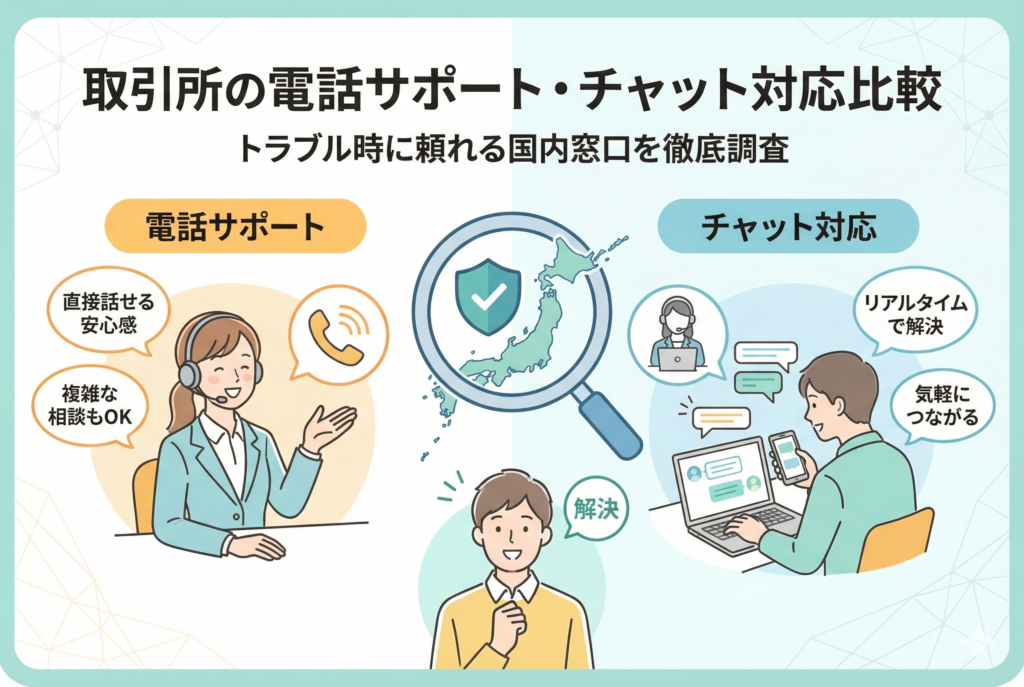 記事「取引所の電話サポート・チャット対応比較」のアイキャッチ画像です。安心感を伝えるオペレーターのイラストとともに、電話受話器やチャットボットのアイコン、ビットコインのロゴが清潔感のある淡い色調で配置されています。