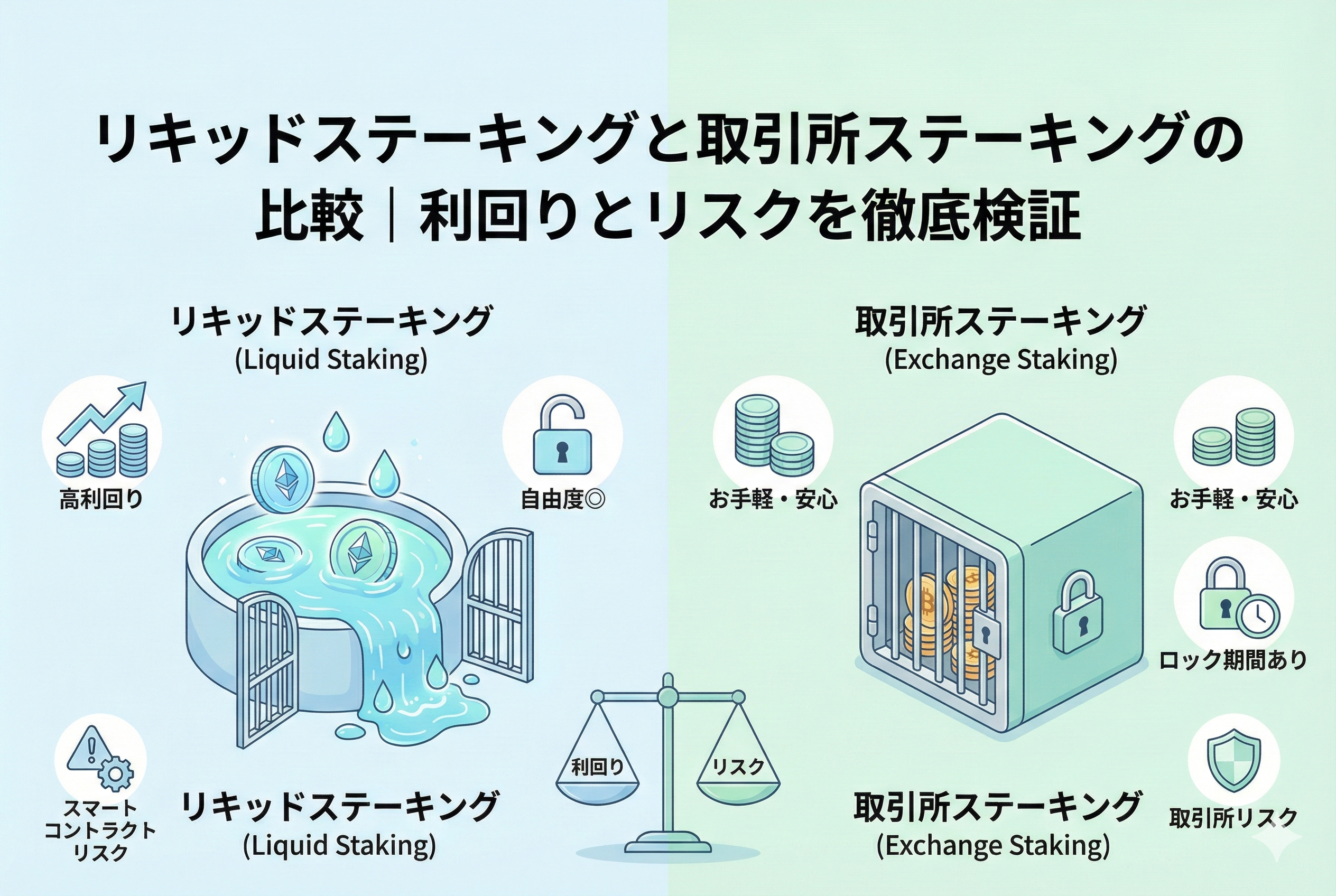 「リキッドステーキングと取引所ステーキングの比較」という日本語タイトルが入ったアイキャッチ画像。左側に「取引所（手軽・安心）」、右側に「リキッドステーキング（高利回り・自由）」の特徴をアイコンで対比させています。中央には天秤とイーサリアムを模したコインが描かれ、安全性と利回りのバランスを検討する様子を清潔感のあるイラストで表現しています。
