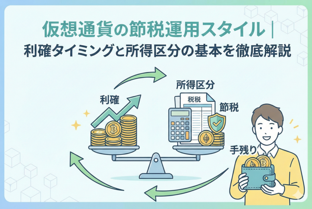 仮想通貨のコインと、資産を守る盾のマーク、そして笑顔の男性投資家が描かれたイラストです。背景には右肩上がりのグラフがあり、賢い節税運用と利益確定のタイミングを視覚的に表現しています。