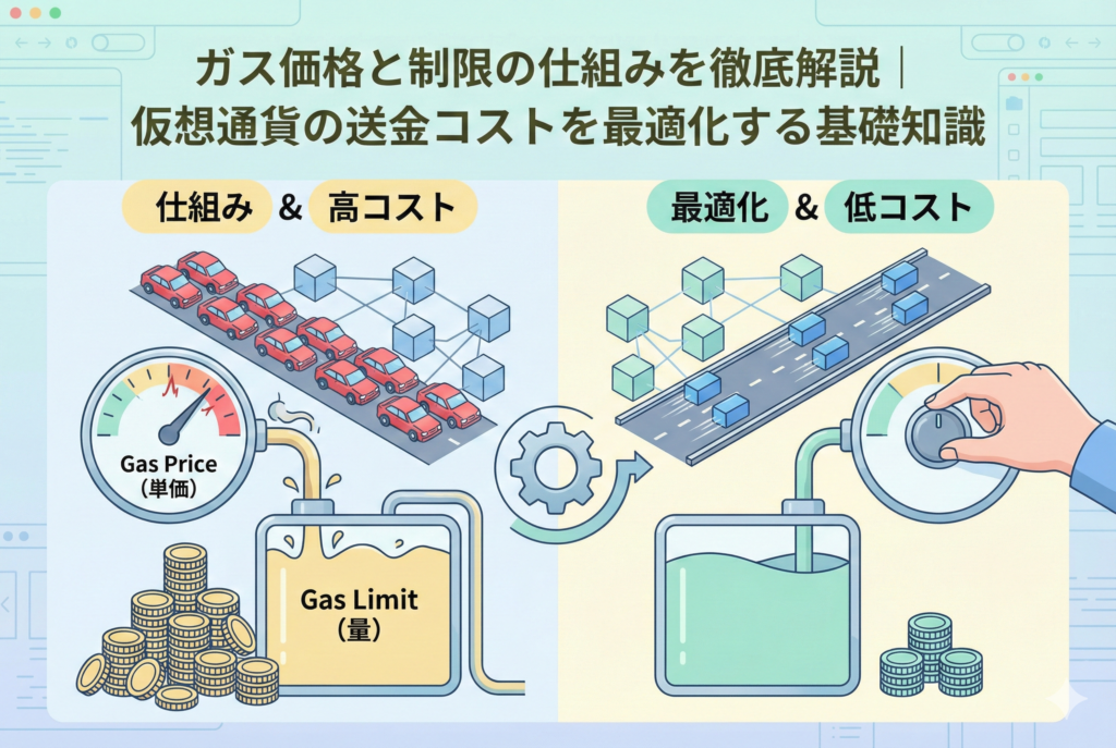 仮想通貨の送金コストを決める「ガス価格（Gas Price）」と「ガス制限（Gas Limit）」の仕組みを、混雑した道路とスムーズな高速道路、溢れるコインと節約されたコインのイラストで対比させた、親しみやすいデザインのアイキャッチ画像。