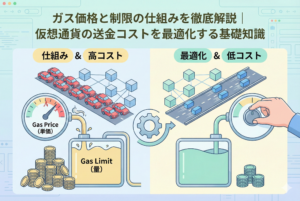 仮想通貨の送金コストを決める「ガス価格（Gas Price）」と「ガス制限（Gas Limit）」の仕組みを、混雑した道路とスムーズな高速道路、溢れるコインと節約されたコインのイラストで対比させた、親しみやすいデザインのアイキャッチ画像。