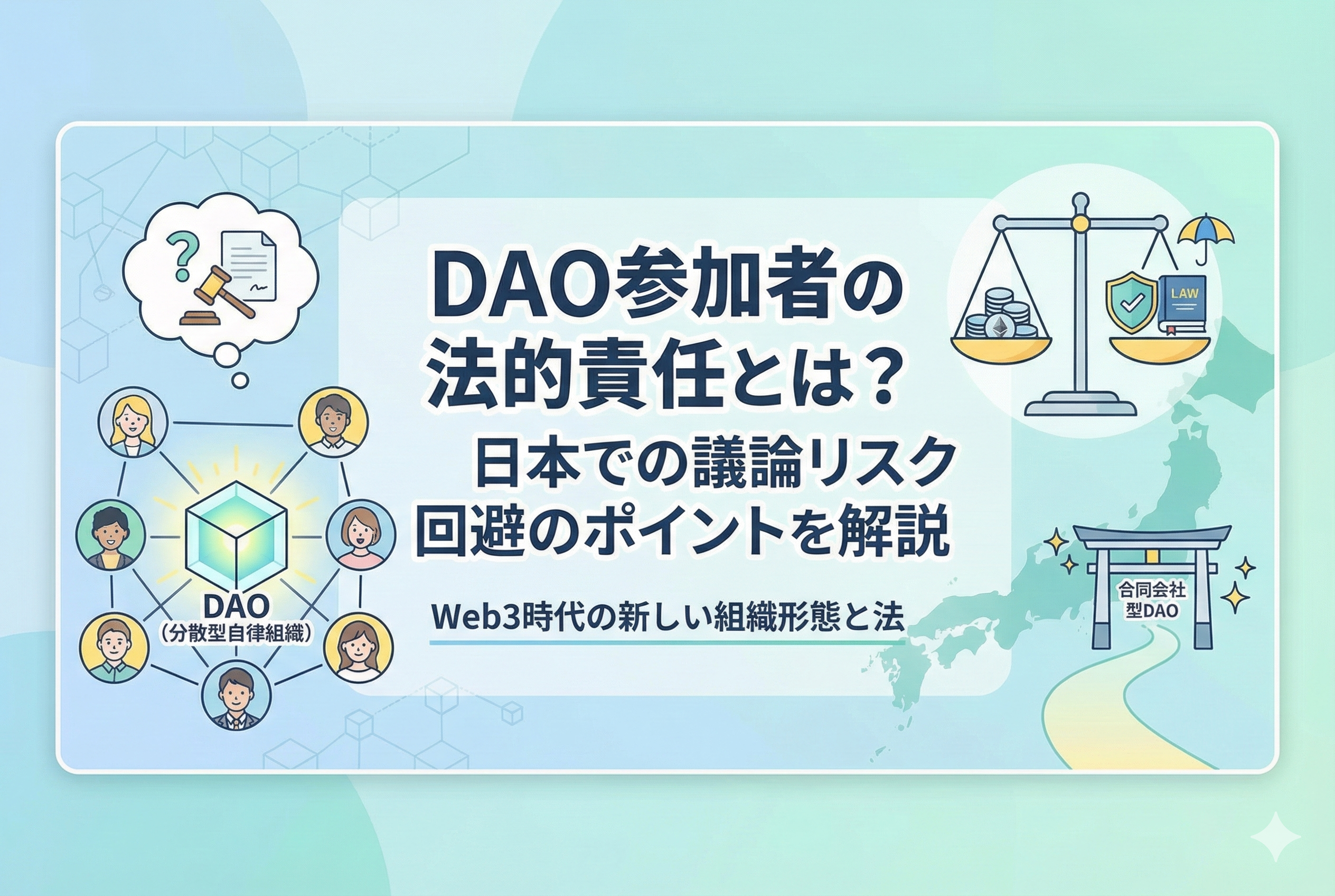 DAO(分散型自律組織)の参加者が抱える法的責任のリスクと対策を、天秤や人物のネットワーク、日本地図のイラストを用いて表現したアイキャッチ画像。中央には「DAO参加者の法的責任とは?日本での議論リスク回避のポイントを解説」というタイトルが記載されています。