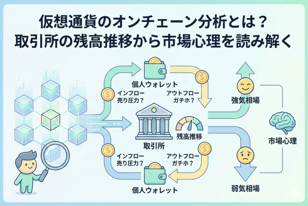 「仮想通貨のオンチェーン分析とは?取引所の残高推移から市場心理を読み解く」というタイトルが入ったアイキャッチ画像。ブロックチェーンのデータを分析し、個人ウォレットと取引所の間での資金移動(インフロー・アウトフロー)が、取引所残高の増減を通じて、強気・弱気の市場心理にどう影響するかを分かりやすく図解した親しみやすいイラスト。