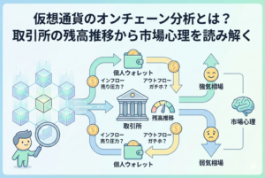 「仮想通貨のオンチェーン分析とは？取引所の残高推移から市場心理を読み解く」というタイトルが入ったアイキャッチ画像。ブロックチェーンのデータを分析し、個人ウォレットと取引所の間での資金移動（インフロー・アウトフロー）が、取引所残高の増減を通じて、強気・弱気の市場心理にどう影響するかを分かりやすく図解した親しみやすいイラスト。