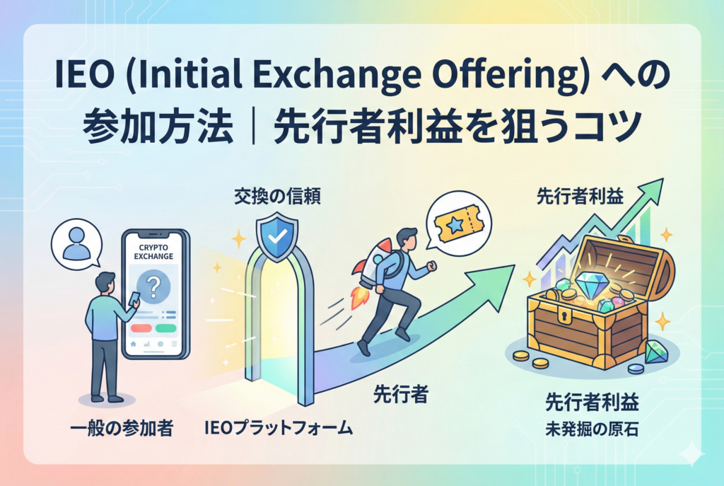 仮想通貨のIEO（Initial Exchange Offering）参加方法を解説するアイキャッチ画像。パステルカラーの背景に、ロケットの打ち上げや新しいコインの誕生、上昇チャートが描かれ、中央に「IEOへの参加方法｜先行者利益を狙うコツ」という日本語の見出しが入った清潔感のあるデザイン。
