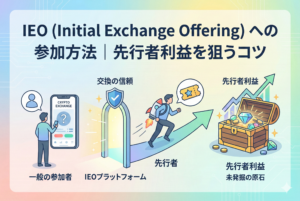 仮想通貨のIEO（Initial Exchange Offering）参加方法を解説するアイキャッチ画像。パステルカラーの背景に、ロケットの打ち上げや新しいコインの誕生、上昇チャートが描かれ、中央に「IEOへの参加方法｜先行者利益を狙うコツ」という日本語の見出しが入った清潔感のあるデザイン。