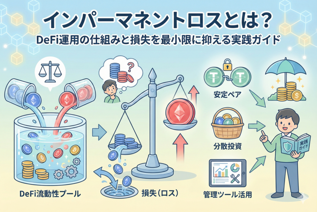 分散型金融(DeFi)の流動性提供における「インパーマネントロス」を解説したアイキャッチ画像。価格の変動によって天秤の上のコインのバランスが変化する様子と、それを管理する投資家のイラストが、明るく清潔感のあるテイストで描かれています。