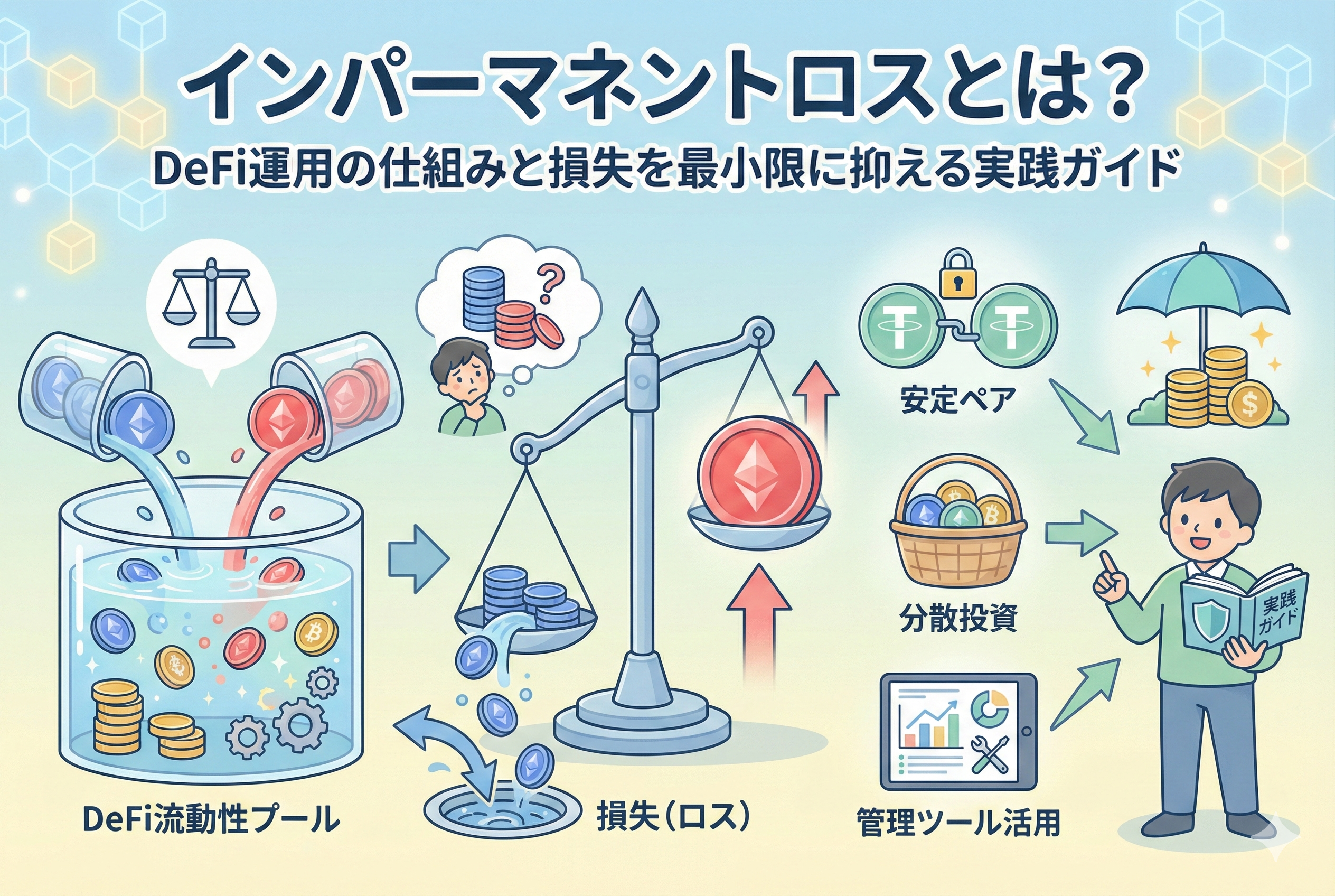 分散型金融(DeFi)の流動性提供における「インパーマネントロス」を解説したアイキャッチ画像。価格の変動によって天秤の上のコインのバランスが変化する様子と、それを管理する投資家のイラストが、明るく清潔感のあるテイストで描かれています。