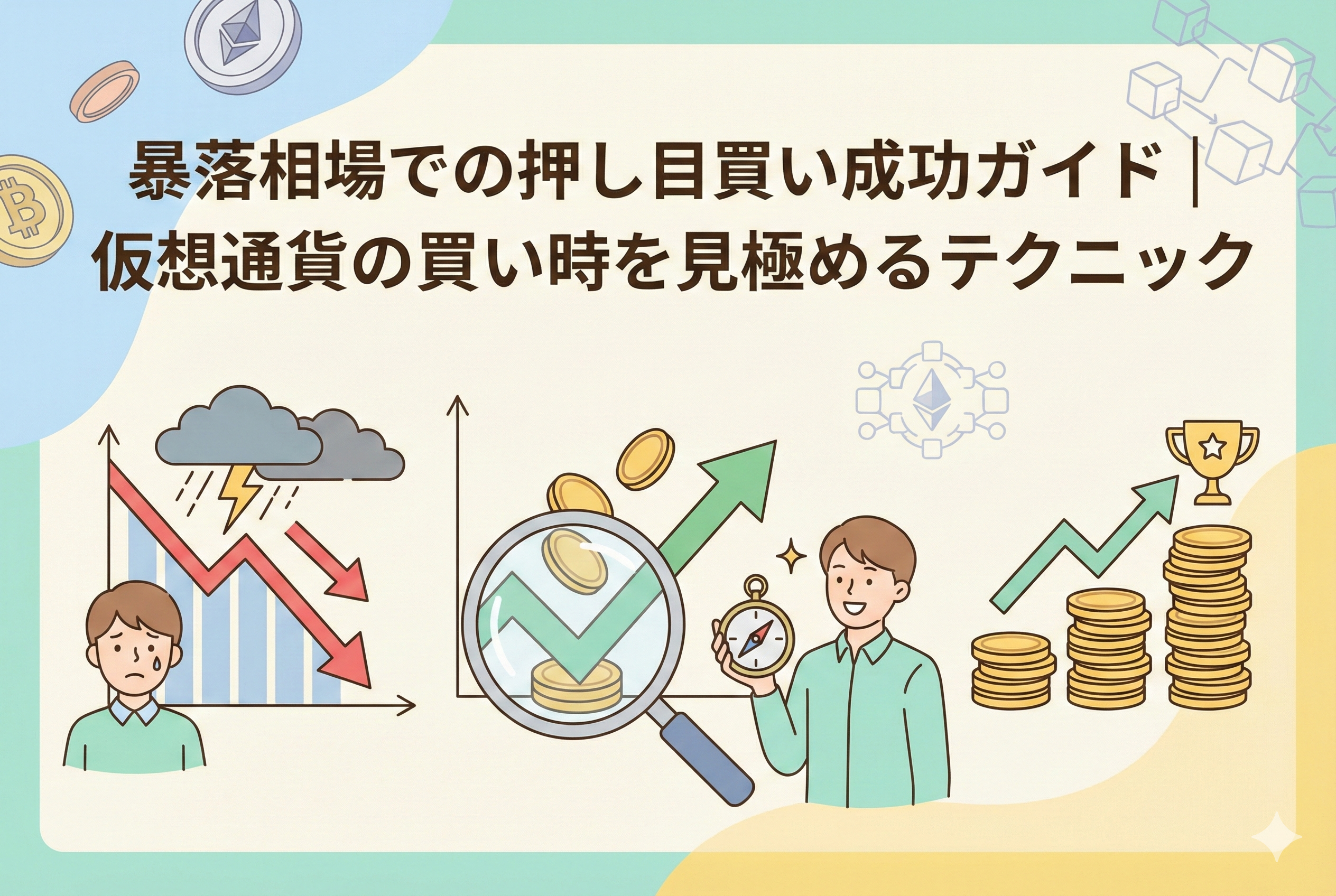 「暴落相場での押し目買い成功ガイド|仮想通貨の買い時を見極めるテクニック」という日本語の見出しが入ったアイキャッチ画像。急落したチャートが底を打って反転する様子と、それをタブレットで冷静に分析している投資家のイラストが描かれた、清潔感のある明るいデザインです。