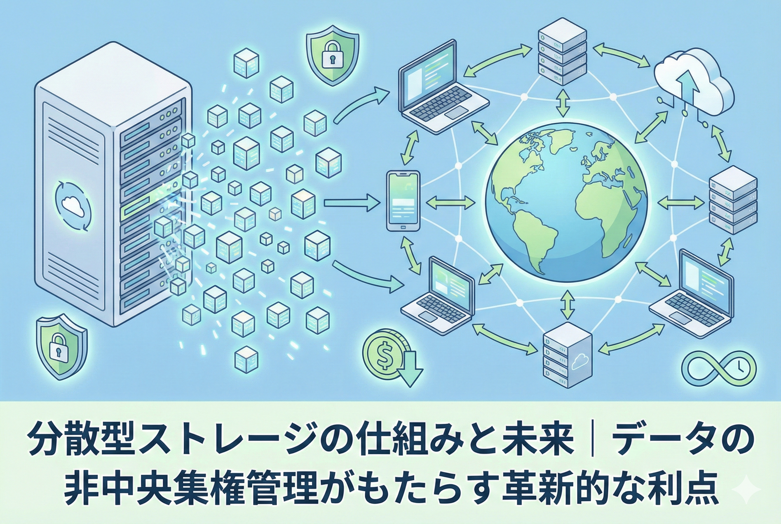 巨大なサーバーに依存せず、世界中のネットワーク上のノードにデータを分散して保存する「分散型ストレージ」の仕組みを視覚化した、清潔感のある精緻なイラスト。データの安全性とプライバシーを象徴するモダンなデザイン。
