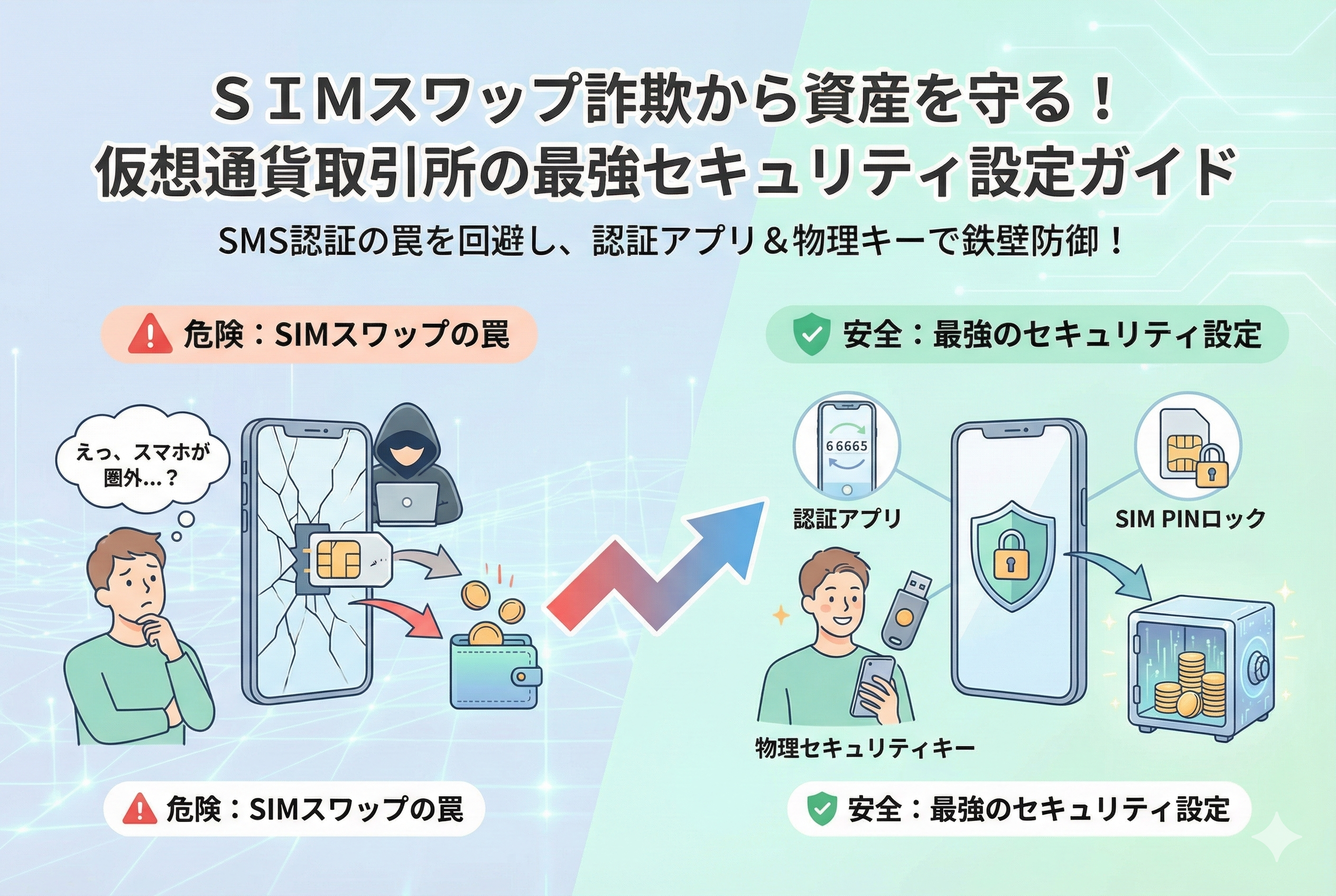 SIMスワップ詐欺から仮想通貨資産を守るためのセキュリティ対策を解説したアイキャッチ画像。スマートフォンと盾のアイコン、二段階認証のイメージが清潔感のあるパステルカラーで描かれ、「ＳＩＭスワップ詐欺から資産を守る！仮想通貨取引所の最強セキュリティ設定ガイド」というタイトルが中央に配置されています。