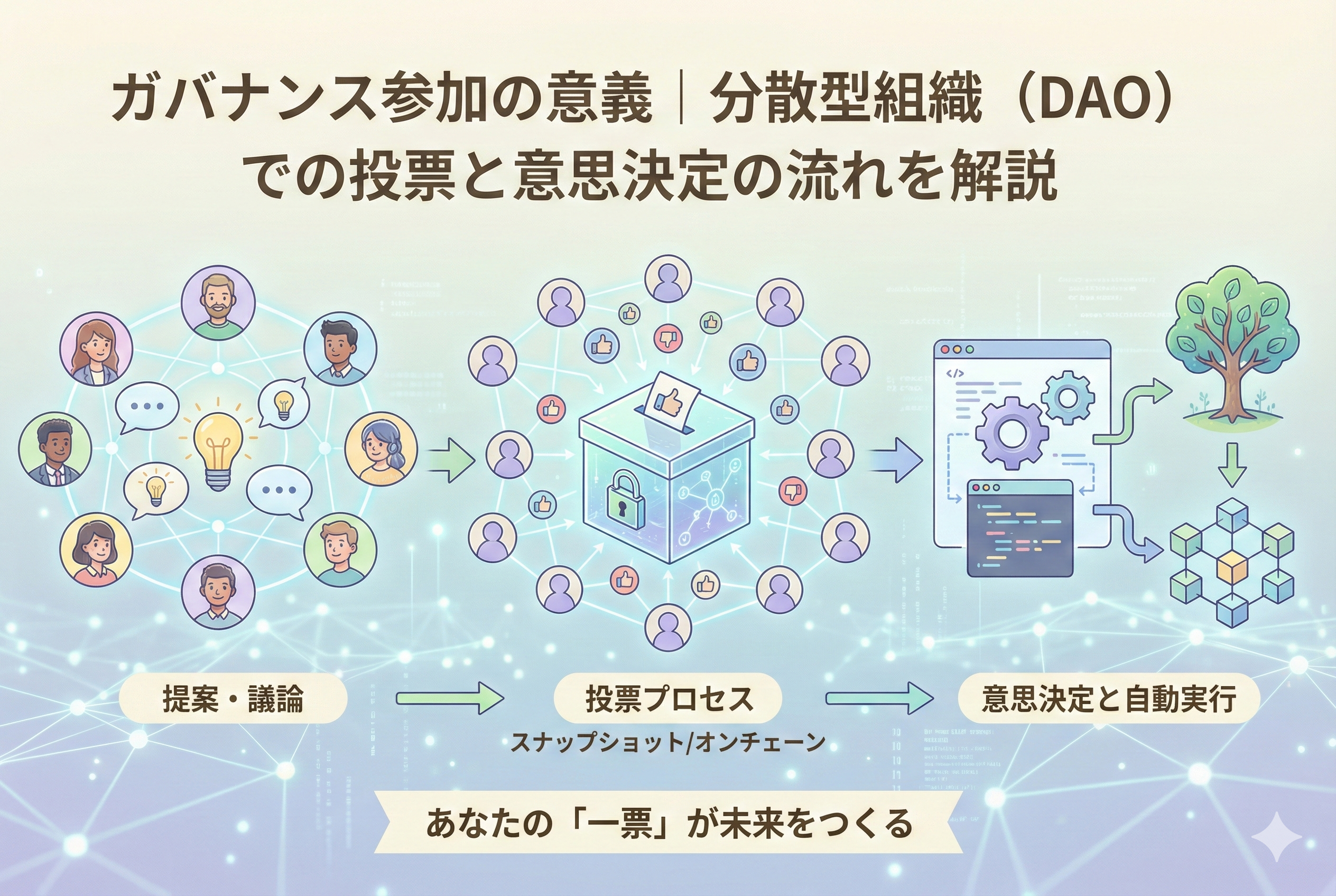 「ガバナンス参加の意義｜分散型組織（DAO）での投票と意思決定の流れを解説」というタイトルが入ったアイキャッチ画像。明るく清潔感のある背景に、デジタルなネットワークを通じて世界中の参加者が一票を投じ、透明性の高い合意形成が行われる様子を表現した精緻なイラスト。
