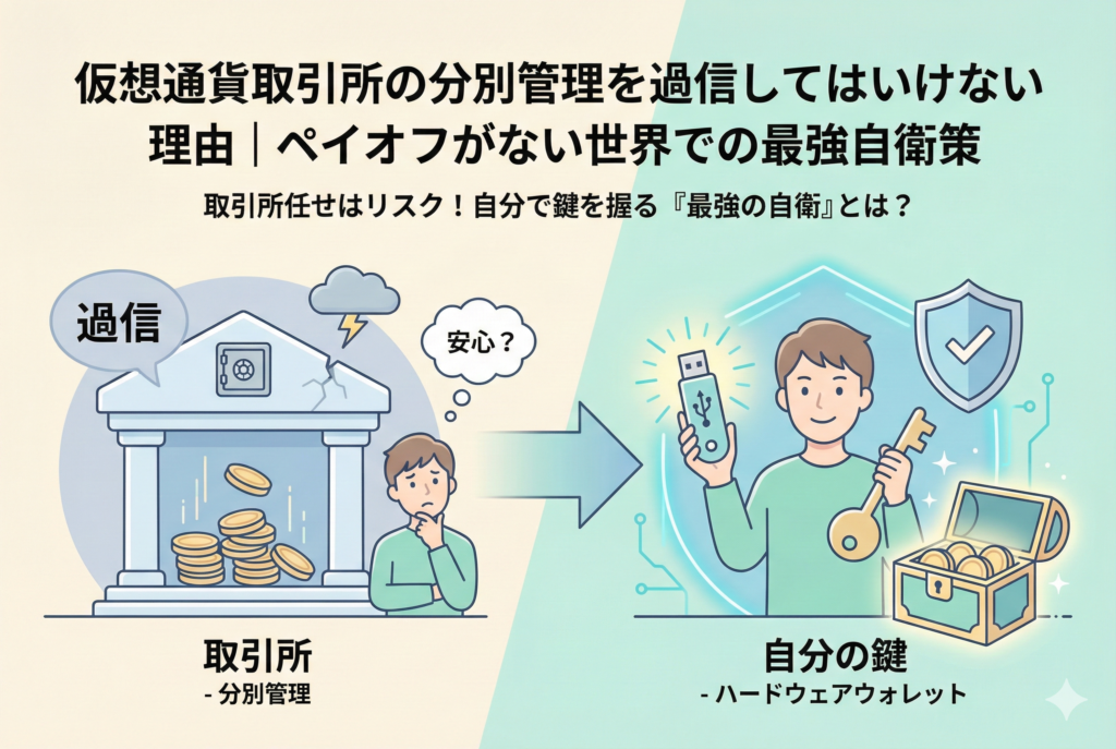 仮想通貨取引所の分別管理と自衛策を解説するアイキャッチ画像。中央には「取引所の「分別管理」を過信しない｜ペイオフがない仮想通貨界の自衛策」というタイトル。取引所を表す建物と、自分の資産を守るためのシールド（盾）やハードウェアウォレットのアイコンが、清潔感のあるパステルカラーの精緻なデザインで描かれています。