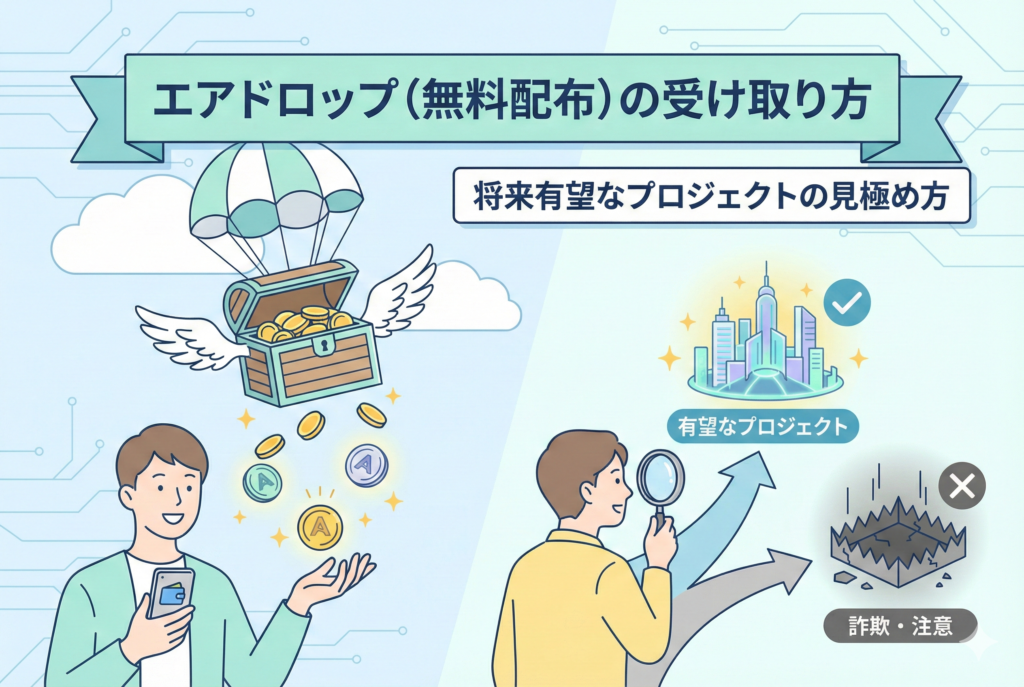 「エアドロップ（無料配布）の受け取り方」と「将来有望なプロジェクトの見極め方」という日本語タイトルが入ったアイキャッチ画像。パラシュートで降りてくる宝箱から仮想通貨のトークンを受け取る男性のイラストと、虫眼鏡を使って輝く「有望なプロジェクト」の街と「詐欺・注意」の落とし穴を見分けている男性のイラストが描かれている。