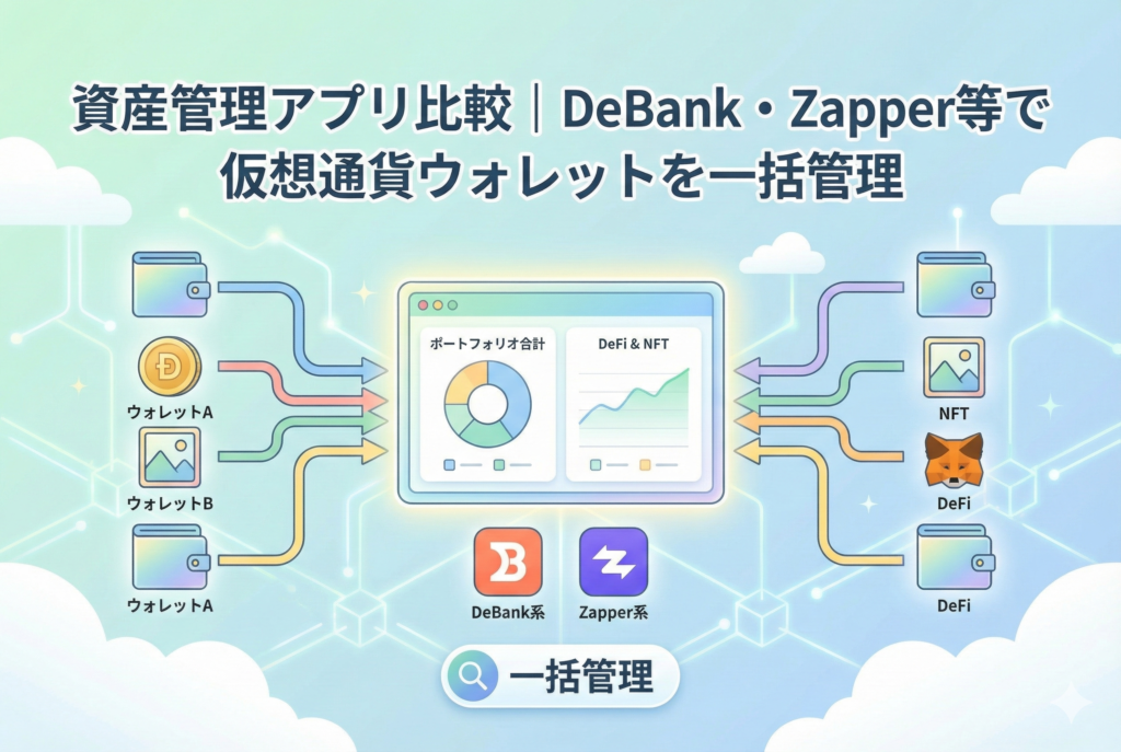 スマートフォンやダッシュボード画面に、複数の仮想通貨ウォレットやＤｅＦｉ、ＮＦＴの資産情報が一括で表示されている様子を描いたイラスト。資産管理アプリ（ＤｅＢａｎｋやＺａｐｐｅｒなど）によるポートフォリオの見える化を視覚的に表現しています。