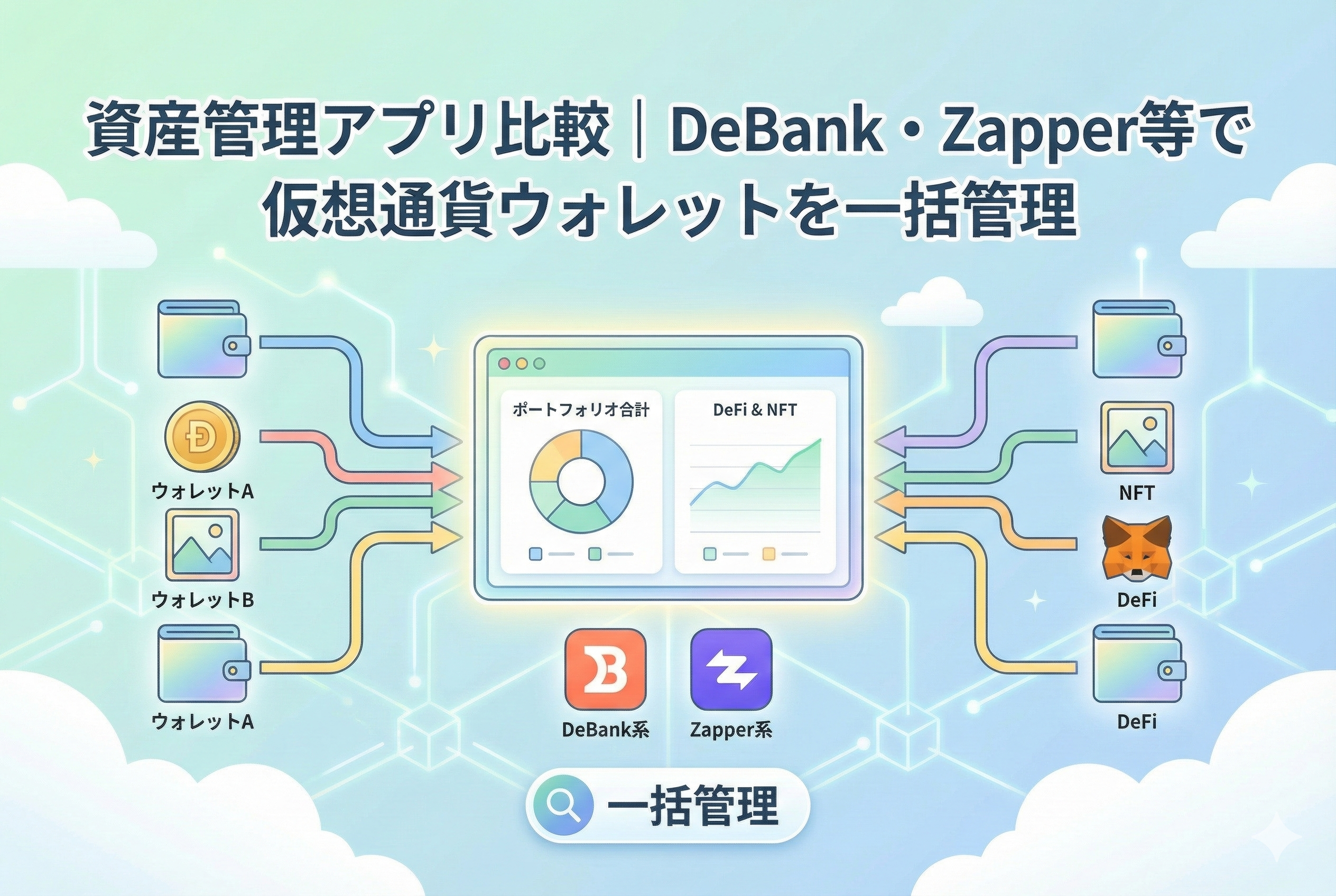 スマートフォンやダッシュボード画面に、複数の仮想通貨ウォレットやＤｅＦｉ、ＮＦＴの資産情報が一括で表示されている様子を描いたイラスト。資産管理アプリ（ＤｅＢａｎｋやＺａｐｐｅｒなど）によるポートフォリオの見える化を視覚的に表現しています。
