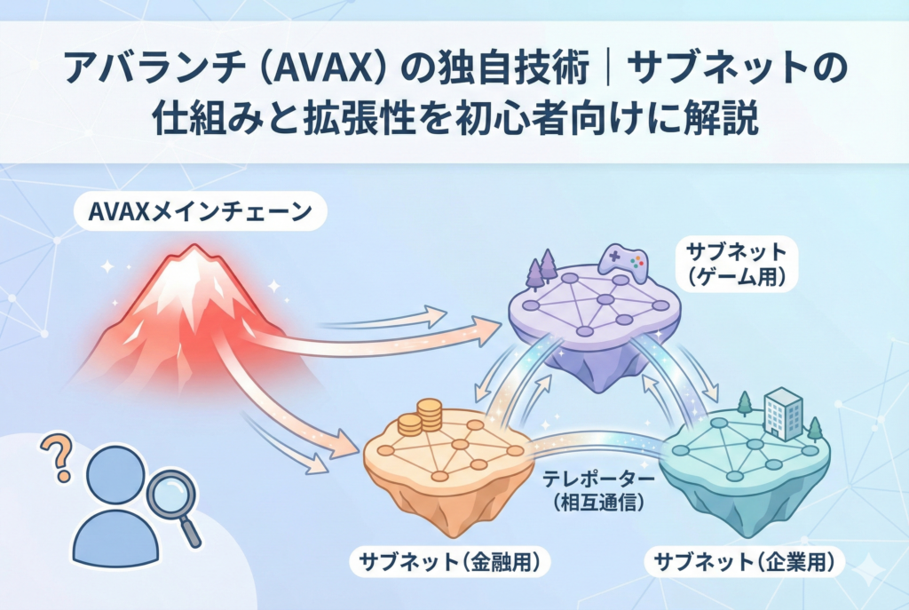 アバランチ（AVAX）の独自技術である「サブネット」の仕組みを初心者向けに解説した図解イラスト。中央の「AVAXメインチェーン」から、ゲーム用、金融用、企業用といった目的別の「サブネット」が分岐し、それぞれが「テレポーター」によって相互に通信している様子を視覚的に表現。アバランチの拡張性と柔軟性を親しみやすいデザインで示している。