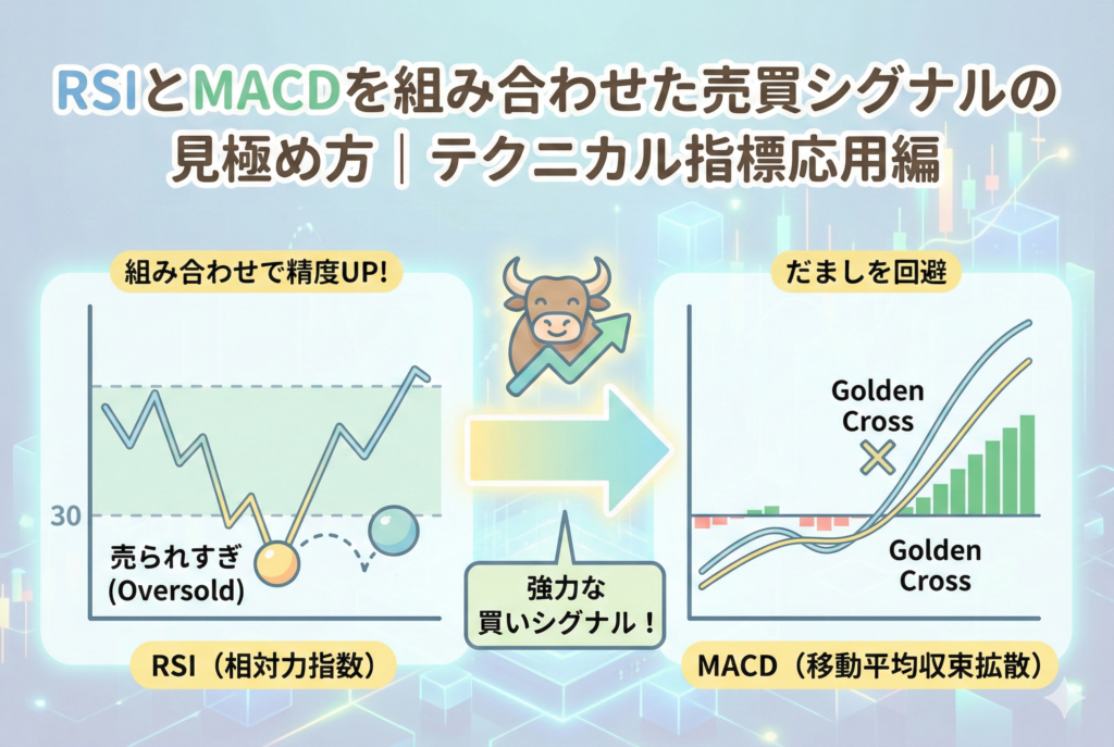 仮想通貨のローソク足チャートを背景に、RSIとMACDの2つのインジケーターが重なり合い、虫眼鏡で「売買シグナル」を分析している様子を表現したイラスト。清潔感のある淡いブルーとグリーンを基調とした親しみやすいデザインです。